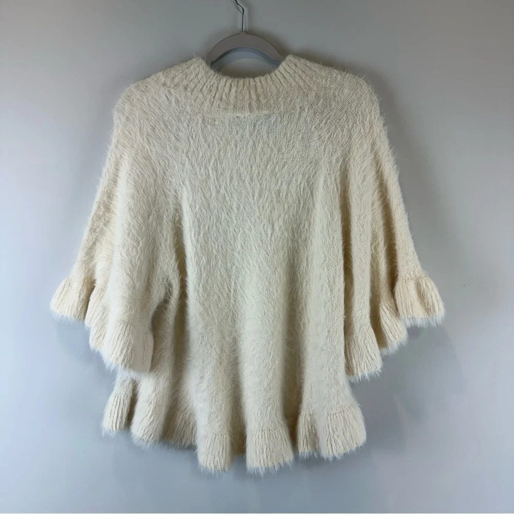 3 Sisters Cream Off White Fuzzy Fluffy Cozy Peplum Bell Sleeve Sweater Medium